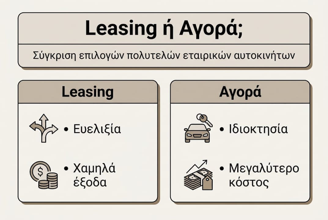 Γραφικό που παρουσιάζει με απλό και κατανοητό τρόπο τις διαφορές ανάμεσα στην αγορά και τη μίσθωση πολυτελών αυτοκινήτων
