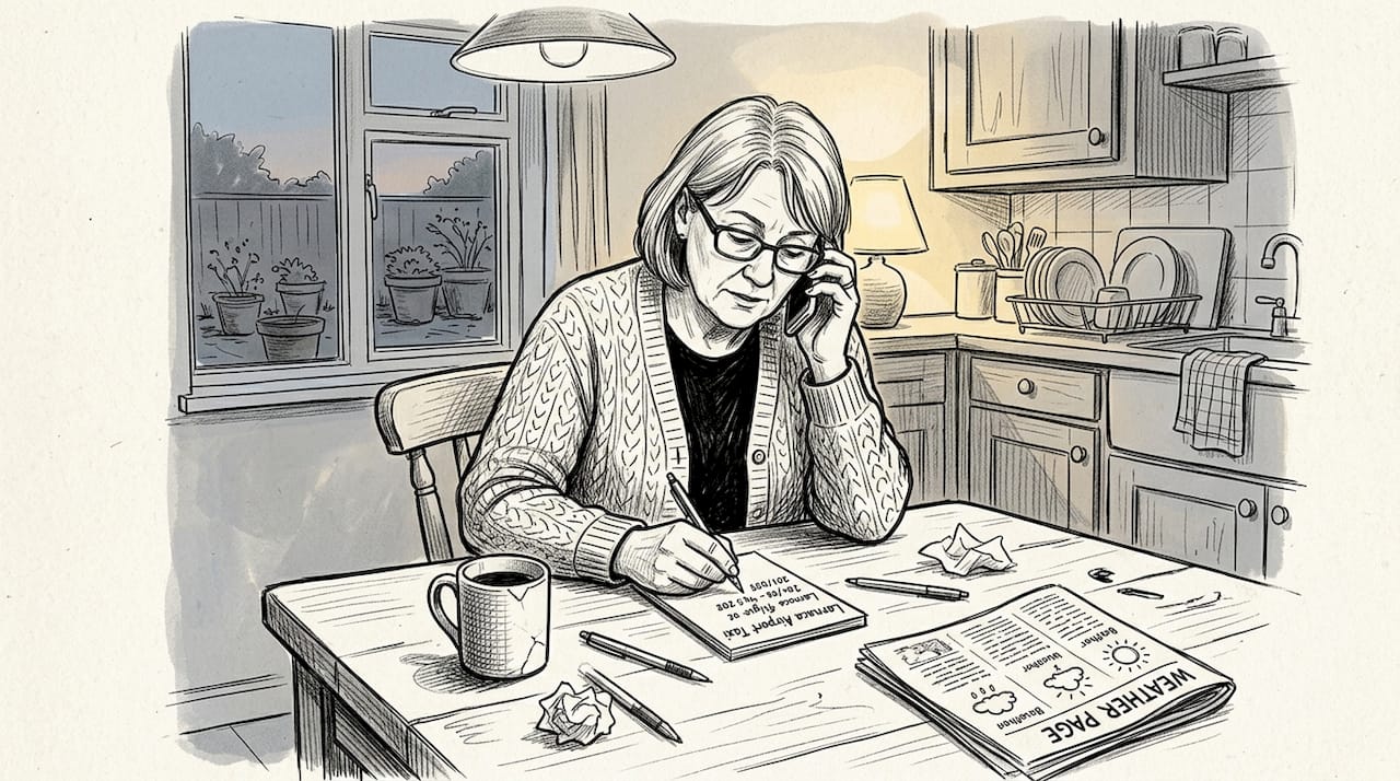 Woman booking Larnaca taxi by phone in kitchen