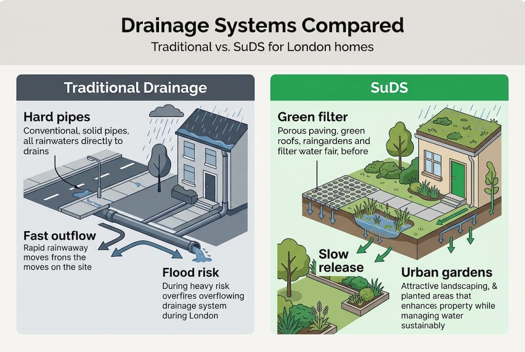 Infographic comparing traditional and SuDS drainage features