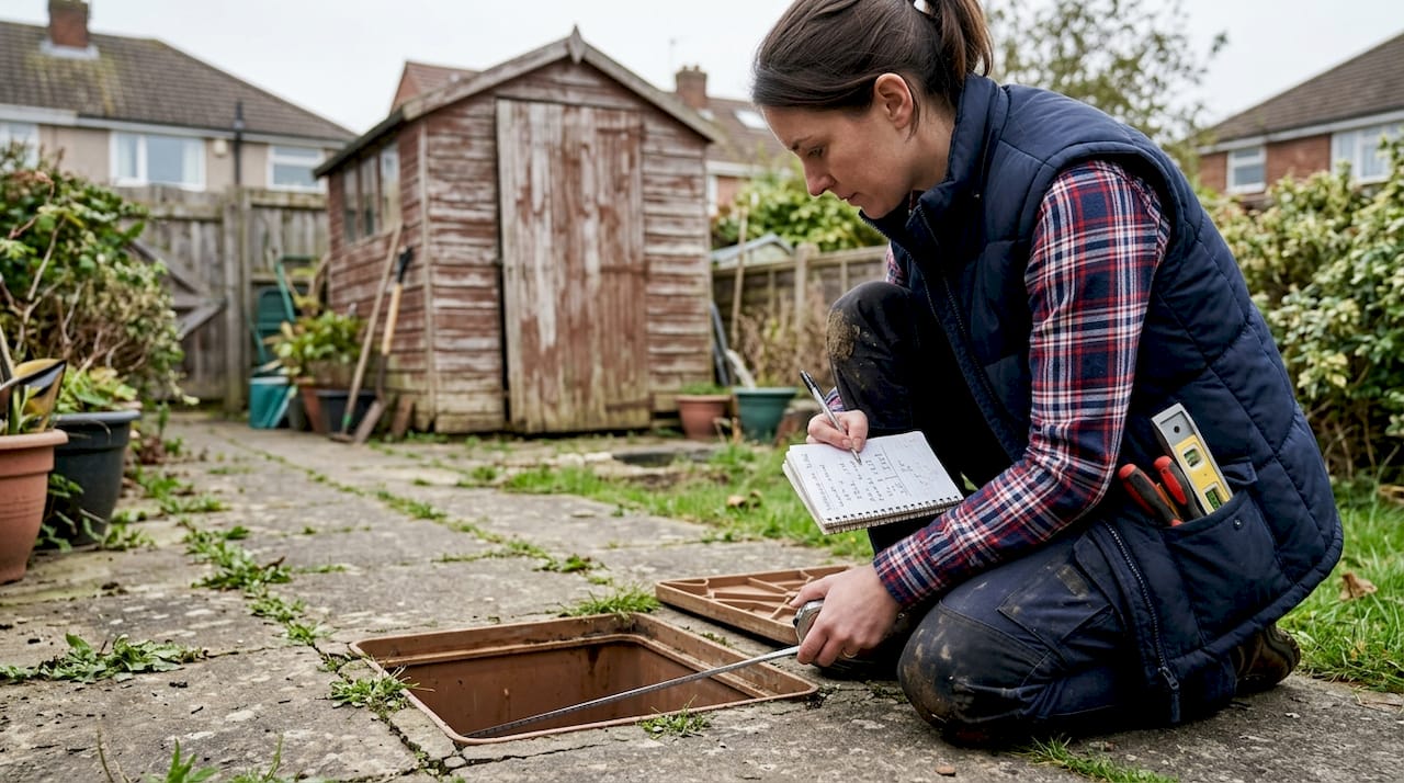 Engineer measuring invert level in garden chamber