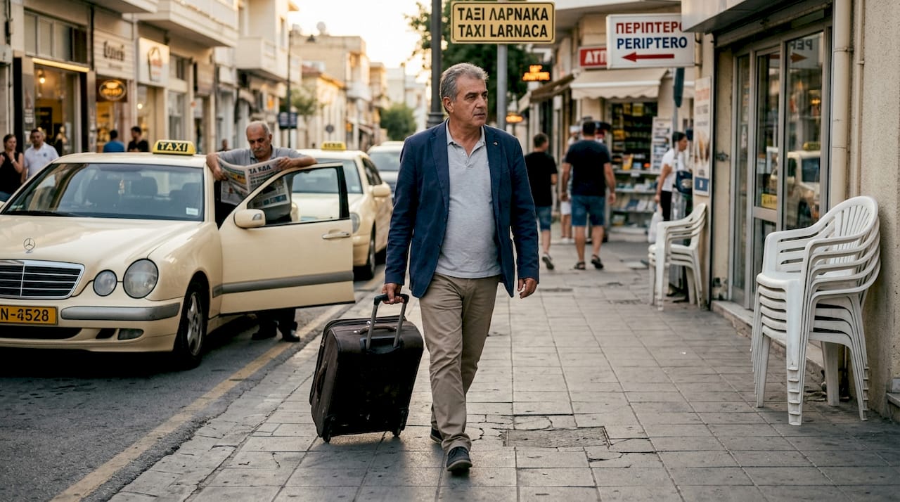 Ένας επιβάτης κατευθύνεται προς την πιάτσα ταξί στη Λάρνακα.