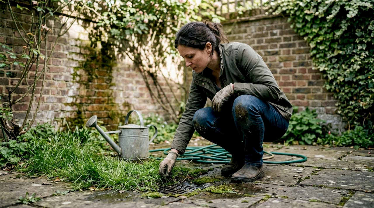 Examining pooling water by garden drain