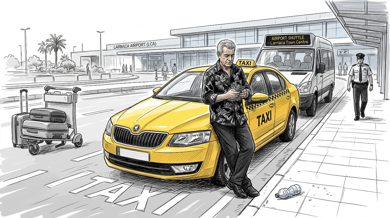 Taxi driver and shuttle bus at airport curb