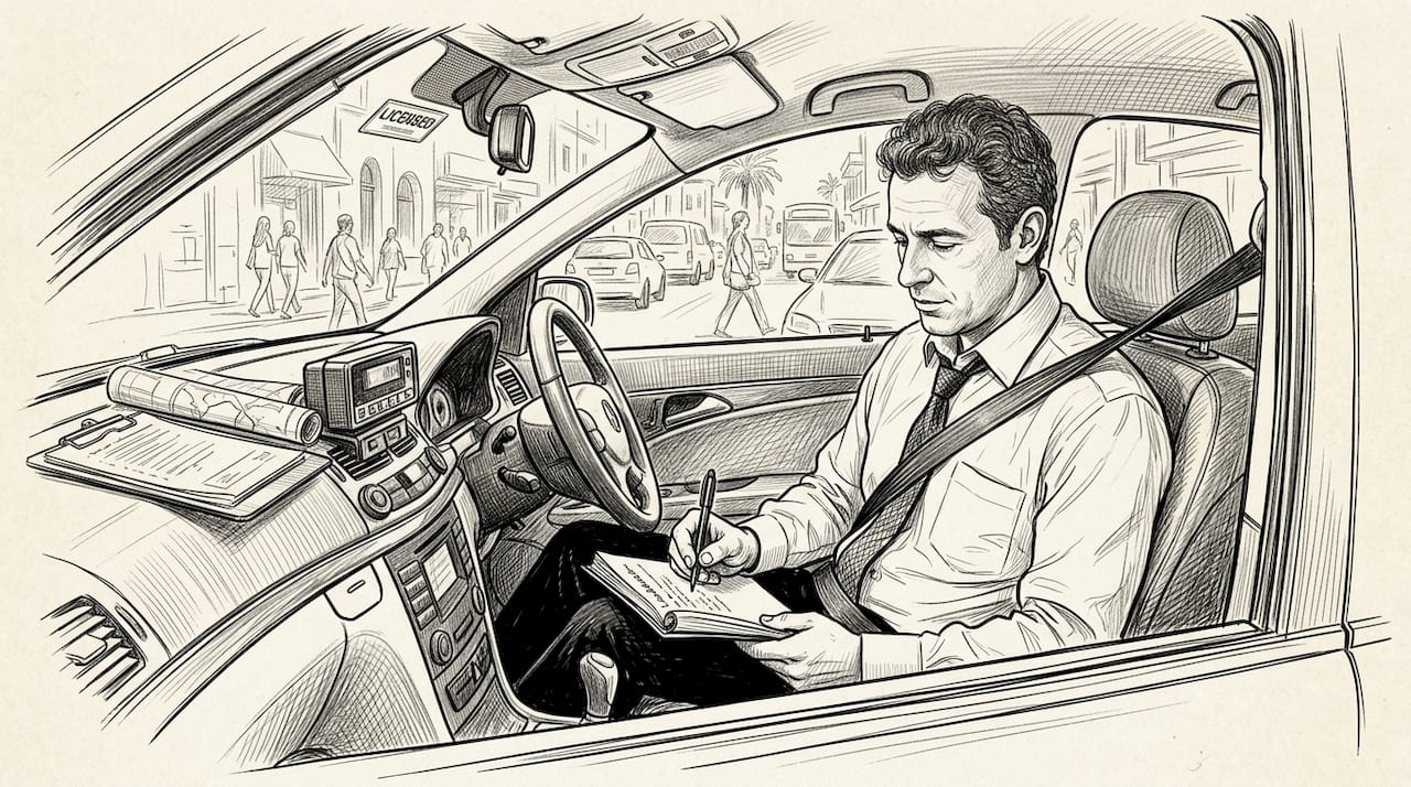 Taxi driver checking logbook and paperwork