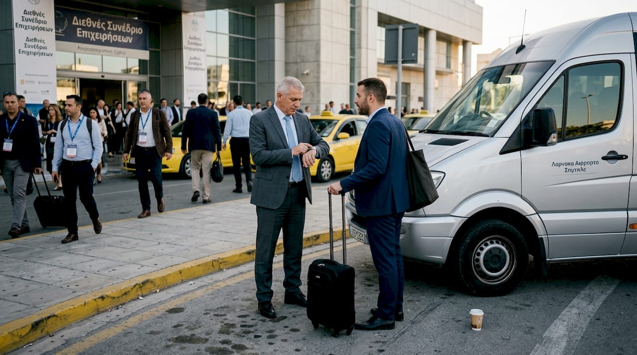 Συνάδελφοι συγκεντρωμένοι έξω από τον χώρο του συνεδρίου, περιμένουν το shuttle για τη μεταφορά τους.