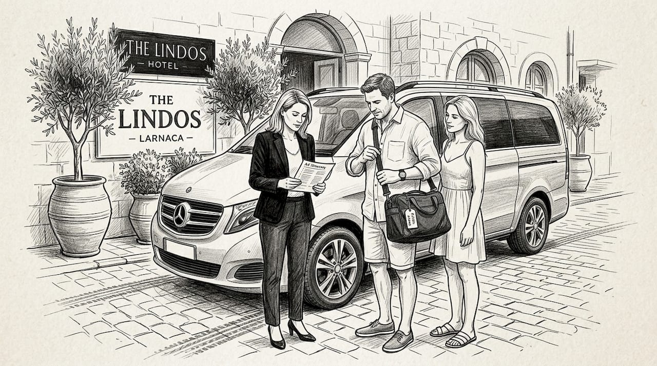 Travelers beside luxury minivan at hotel entrance