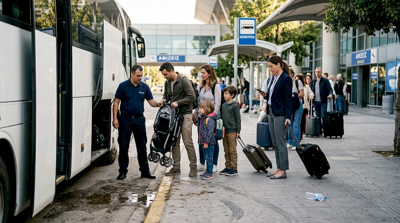 Στο αεροδρόμιο, οι επιβάτες ανεβαίνουν στο shuttle bus από το σημείο επιβίβασης έξω από το κτίριο.