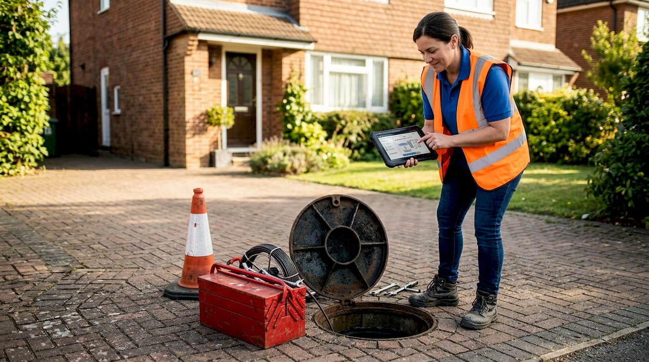 Technician inspects drain at residential property