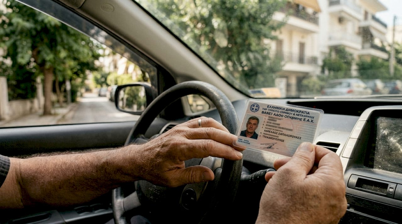Ο οδηγός ταξί δείχνει την άδειά του για έλεγχο ασφαλείας.