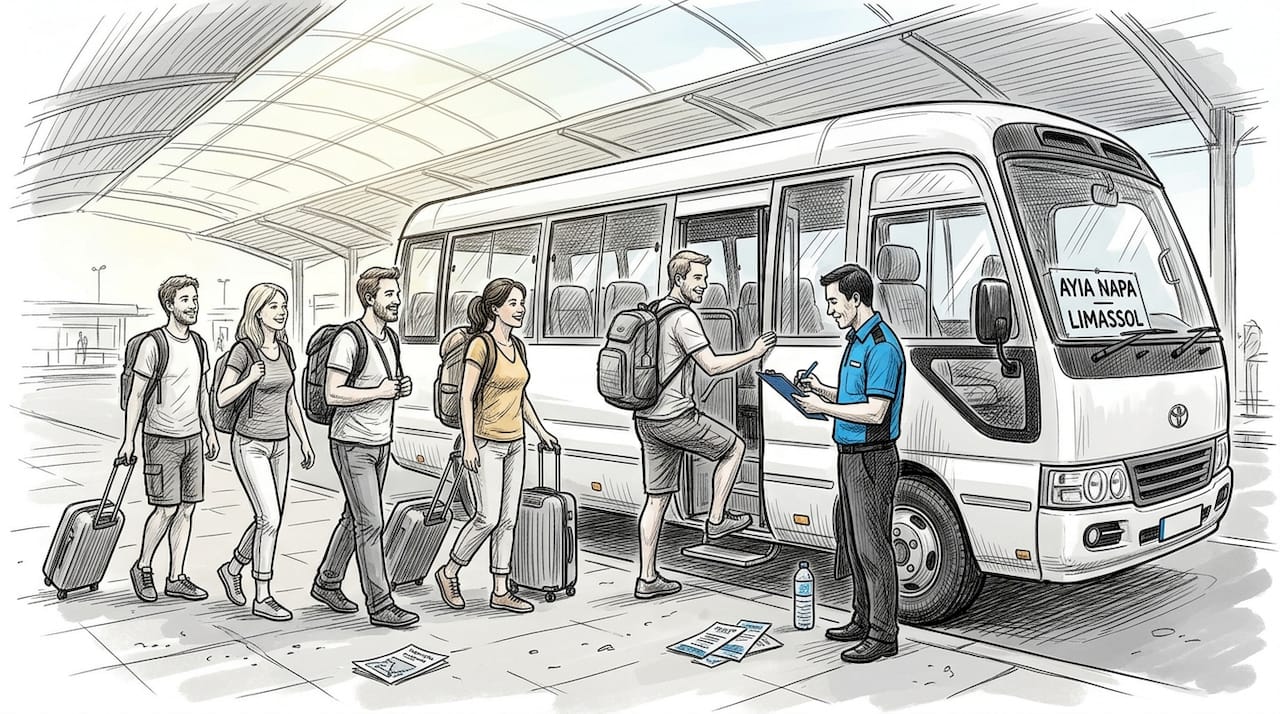 Travelers boarding airport shuttle minibus