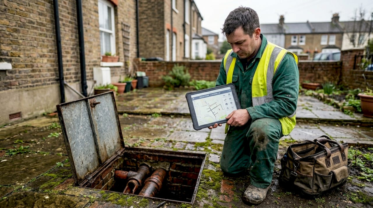 Drainage engineer with Victorian drain pipes exposed