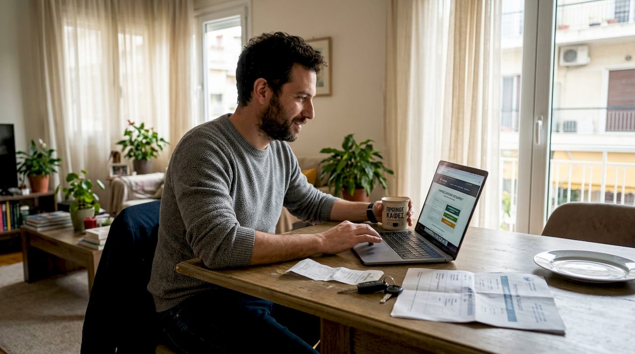 Ένας άνδρας κάθεται στο σπίτι του και κλείνει μεταφορά μέσω διαδικτύου από τον φορητό του υπολογιστή.