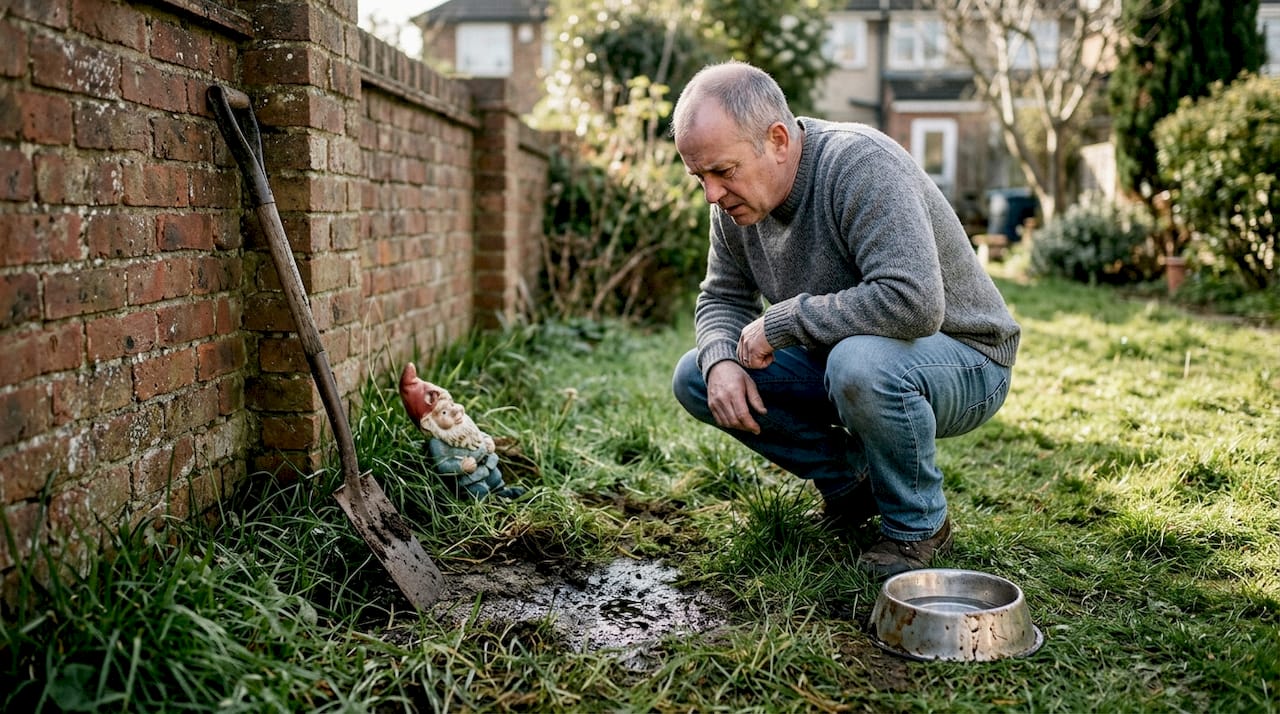 Homeowner checks damp soil for leaks