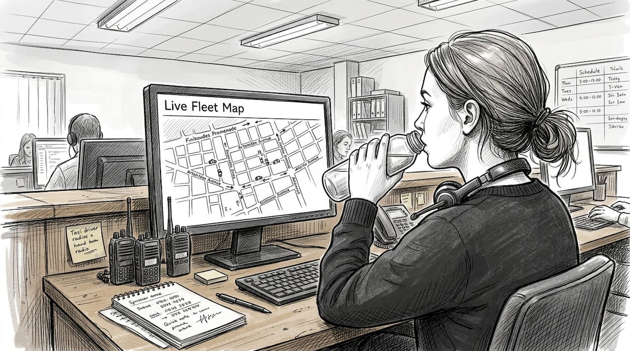 Dispatcher tracking taxi GPS fleet assignments