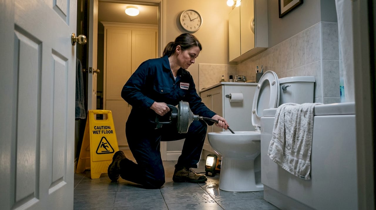 Plumber repairing flooded bathroom at night