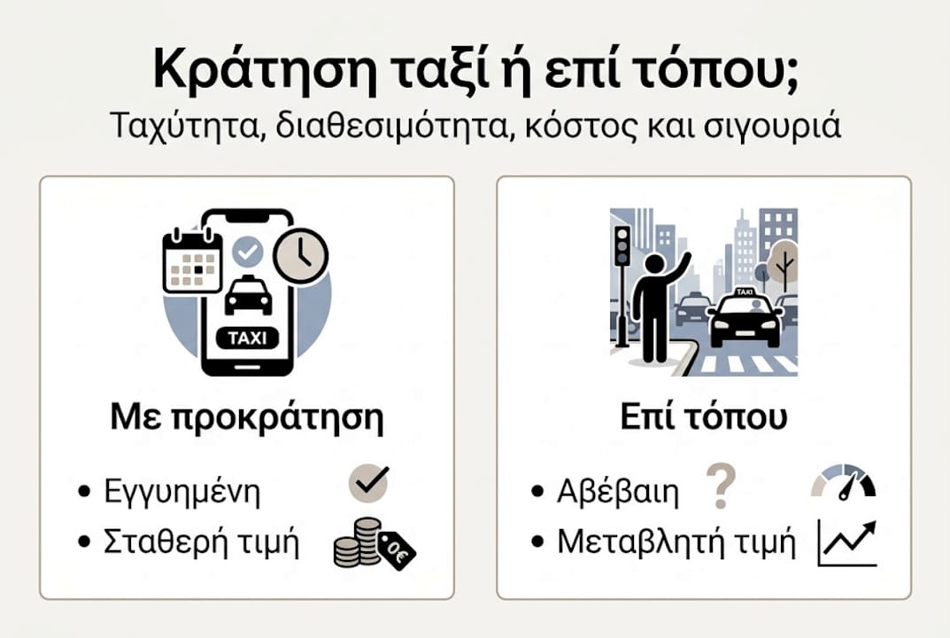 Εικονογράφηση: Πλεονεκτήματα και διαφορές μεταξύ κράτησης ταξί μέσω εφαρμογής και εύρεσης ταξί στον δρόμο