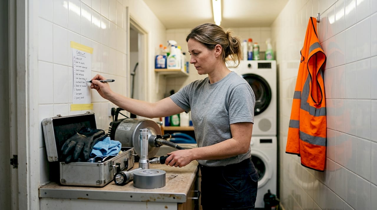Person preparing drain maintenance tools