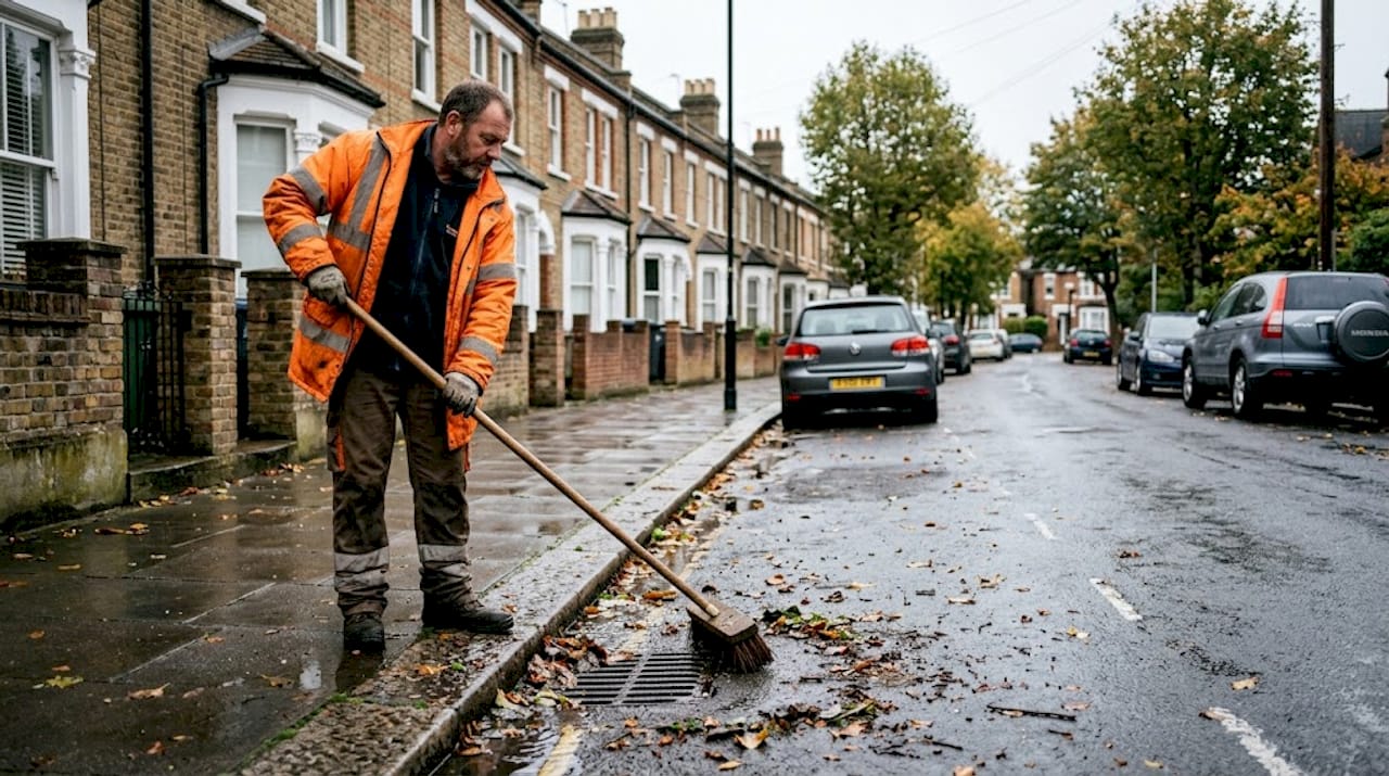 Worker clearing flooded street drainage grate
