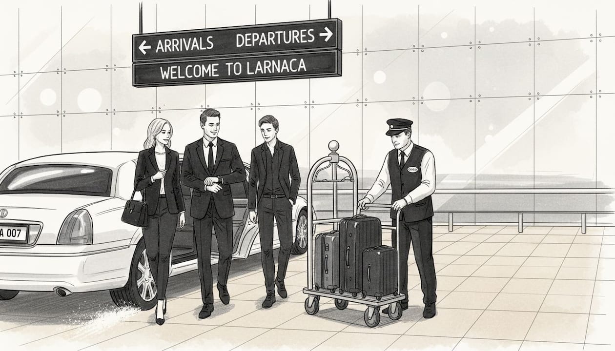 Group arriving by limousine at airport entrance