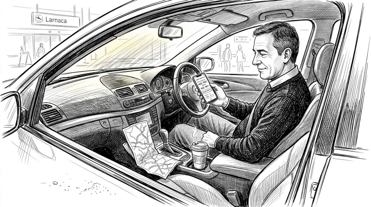 Taxi driver checks phone for flight update