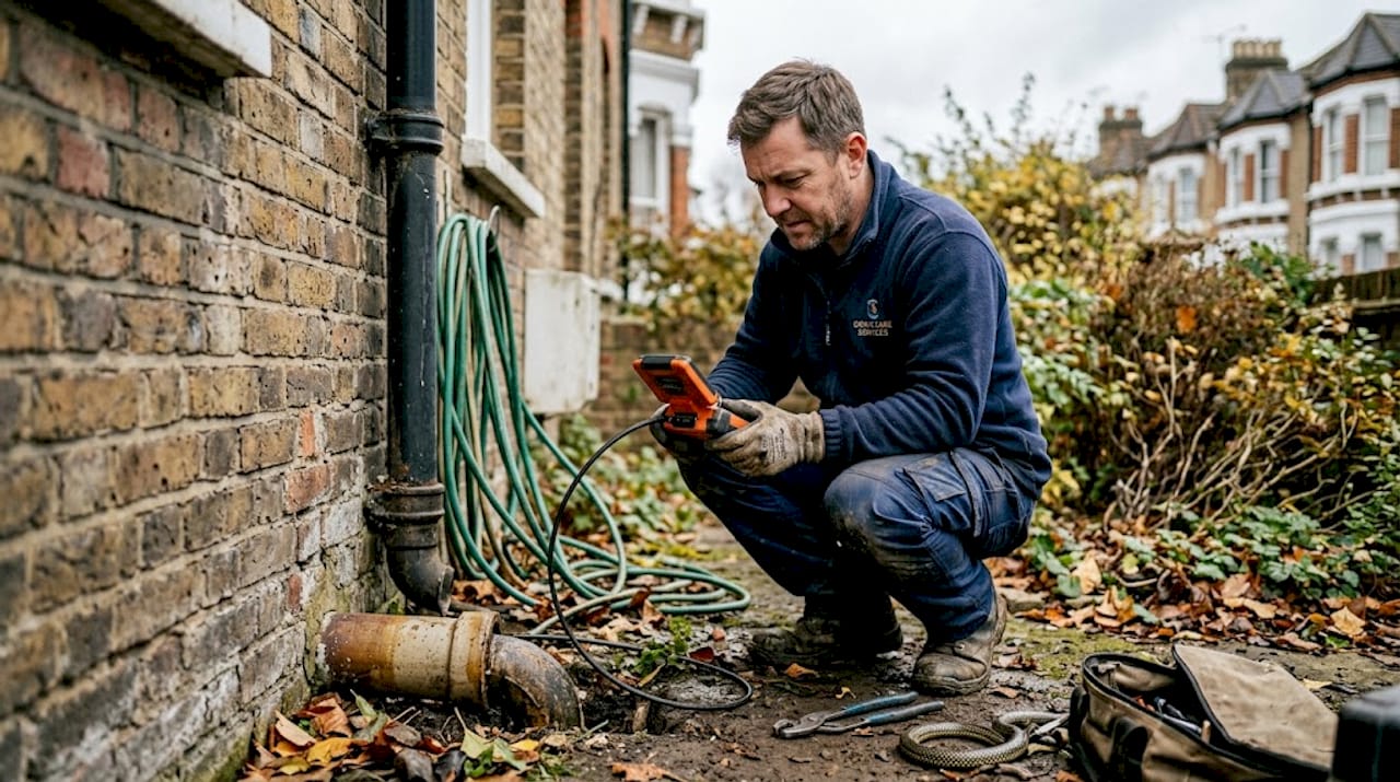 Drain engineer inspecting pipe outside London home