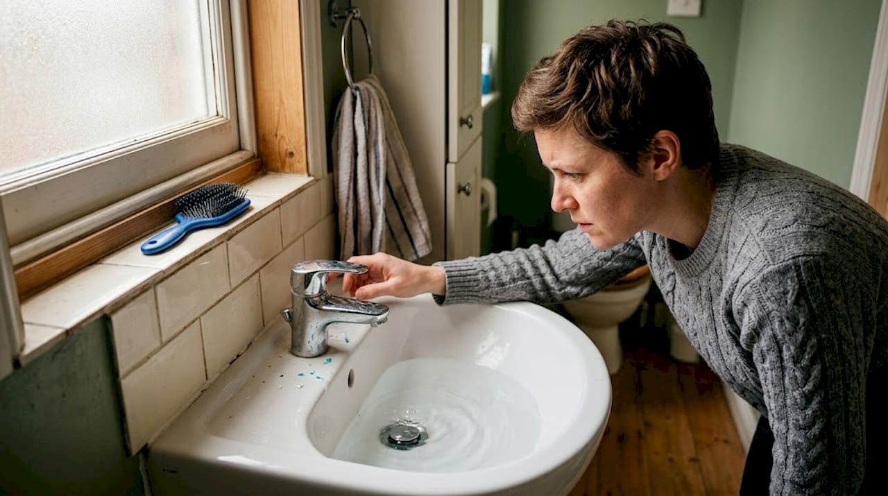 Person noticing slow draining bathroom sink