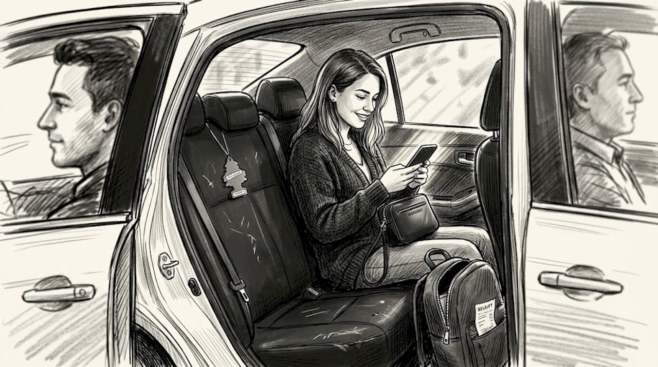 Passenger using taxi booking app inside cab