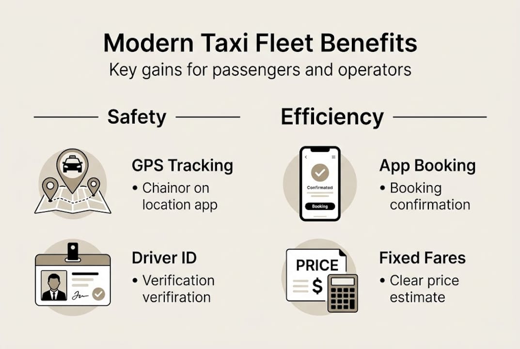 Infographic of modern taxi fleet benefits and features