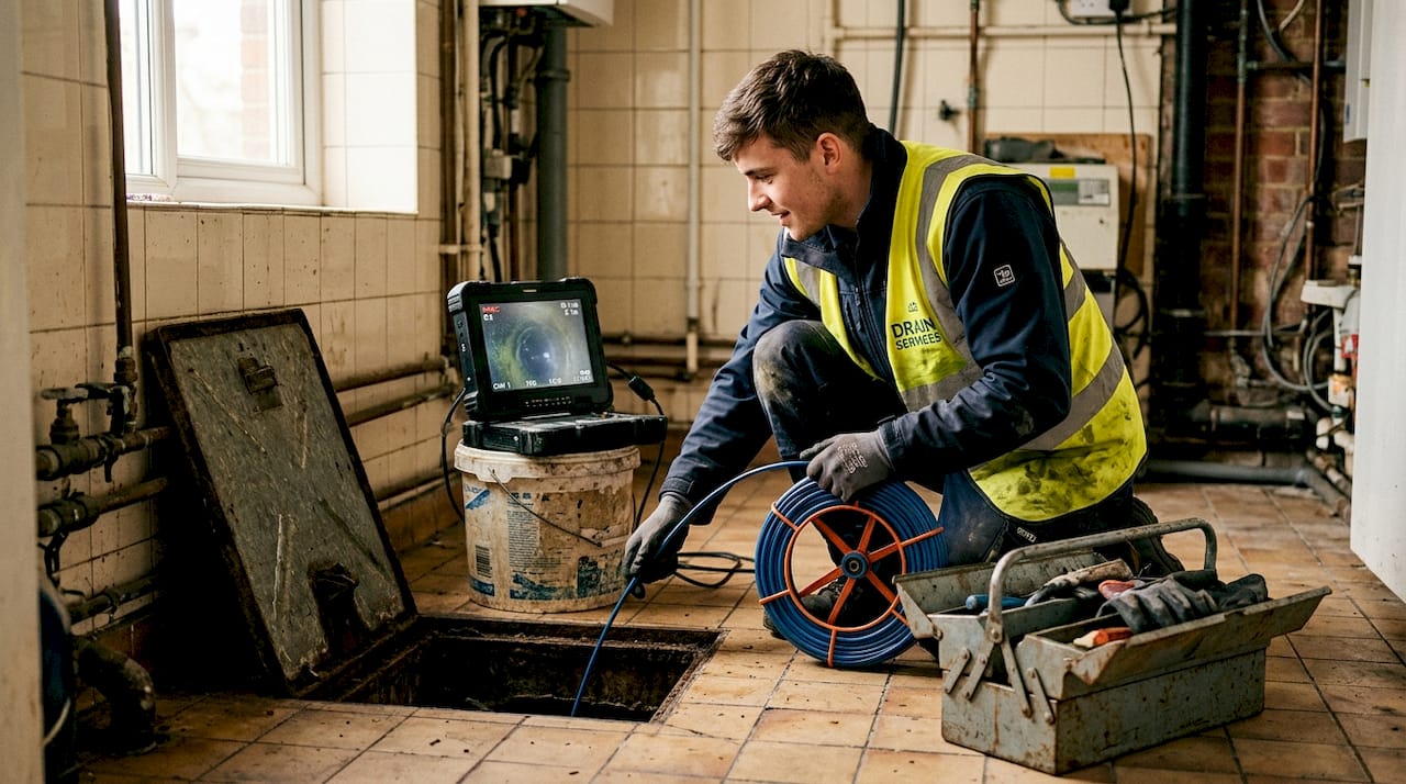 Engineer performing CCTV drain inspection