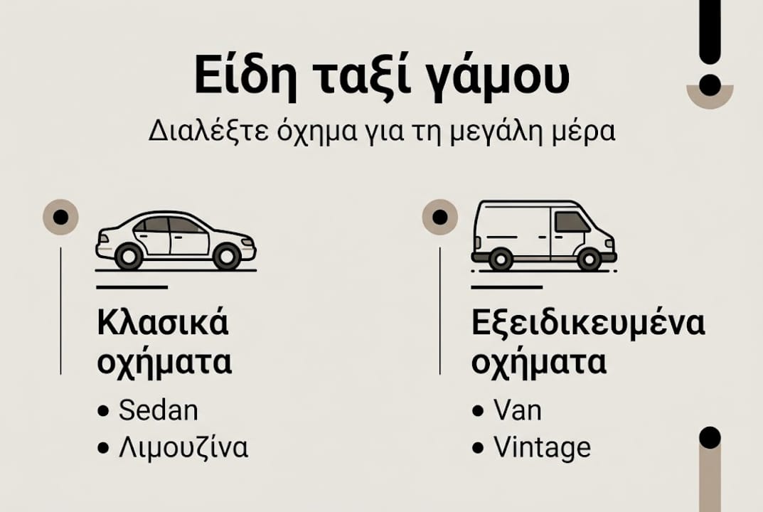 Οδηγός με τα βασικά είδη ταξί για γάμους στην Κύπρο, συγκεντρωμένα σε ένα εύχρηστο infographic.