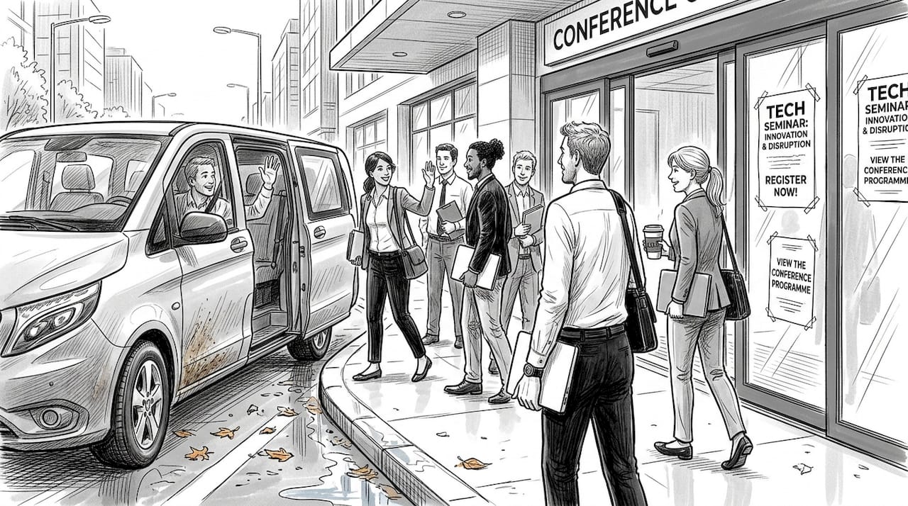 Corporate group exiting shuttle van outside conference