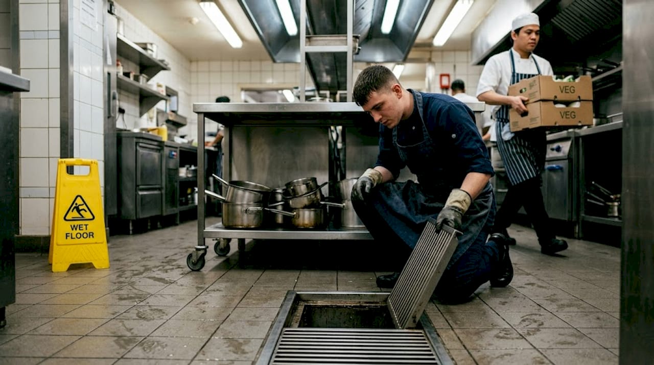 Kitchen worker checks restaurant floor drain