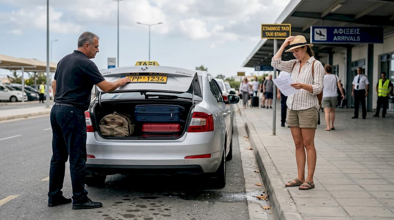 Ένας ταξιτζής βοηθάει τουρίστες να φορτώσουν τις βαλίτσες τους στο πορτμπαγκάζ, έξω από το αεροδρόμιο.