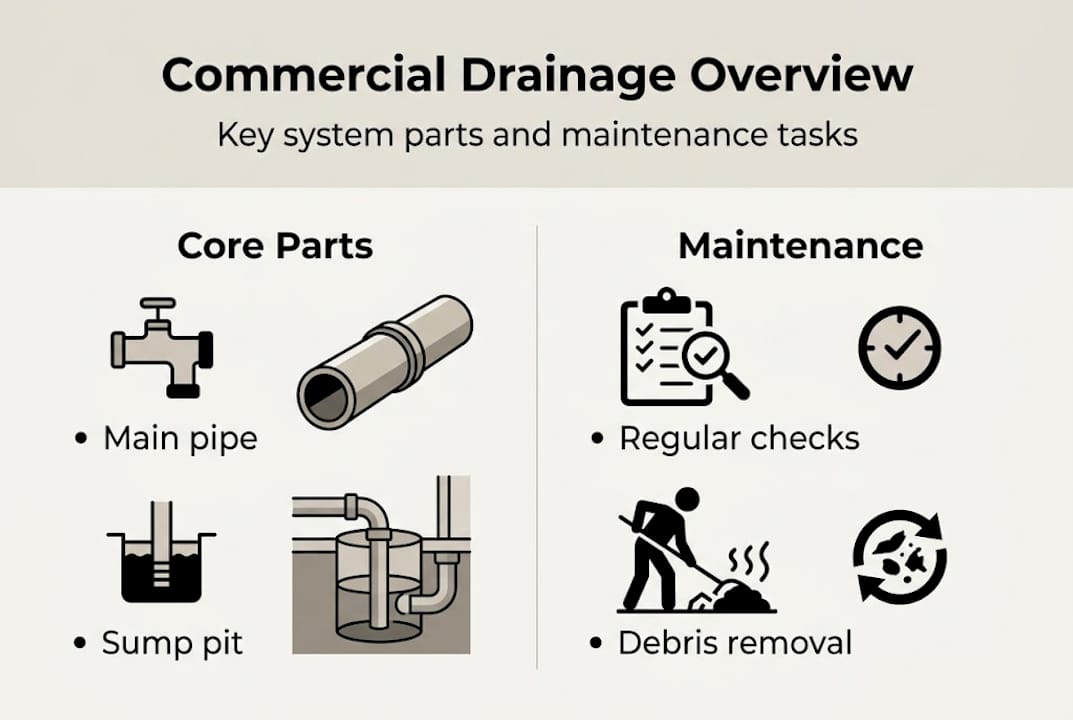 Infographic showing commercial drainage parts and maintenance