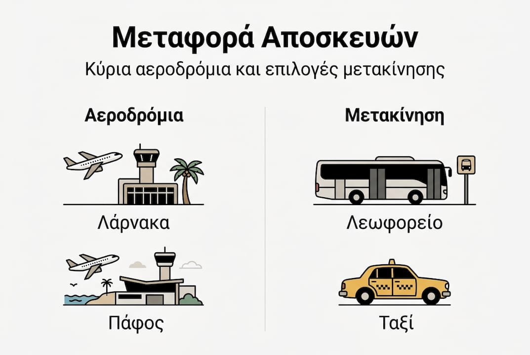Γραφική απεικόνιση με συνοπτικές πληροφορίες για τα αεροδρόμια και τις επιλογές μετακίνησης