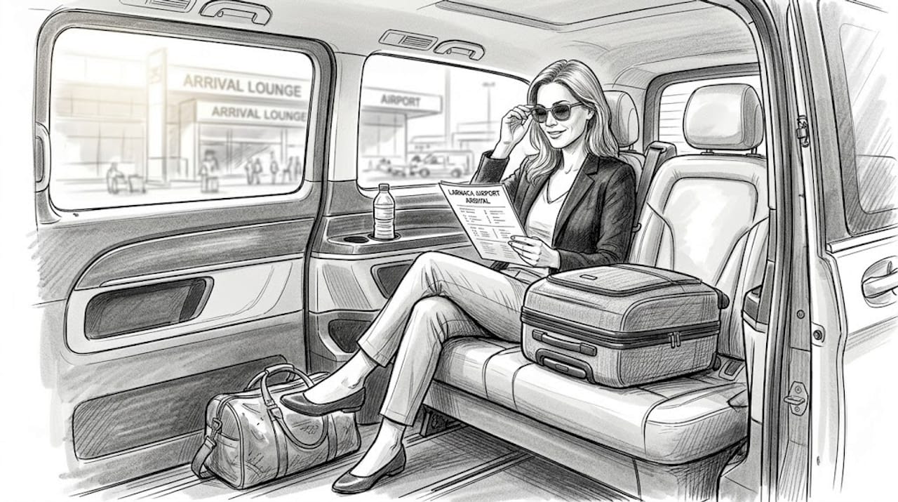 Traveler preparing in executive van at airport