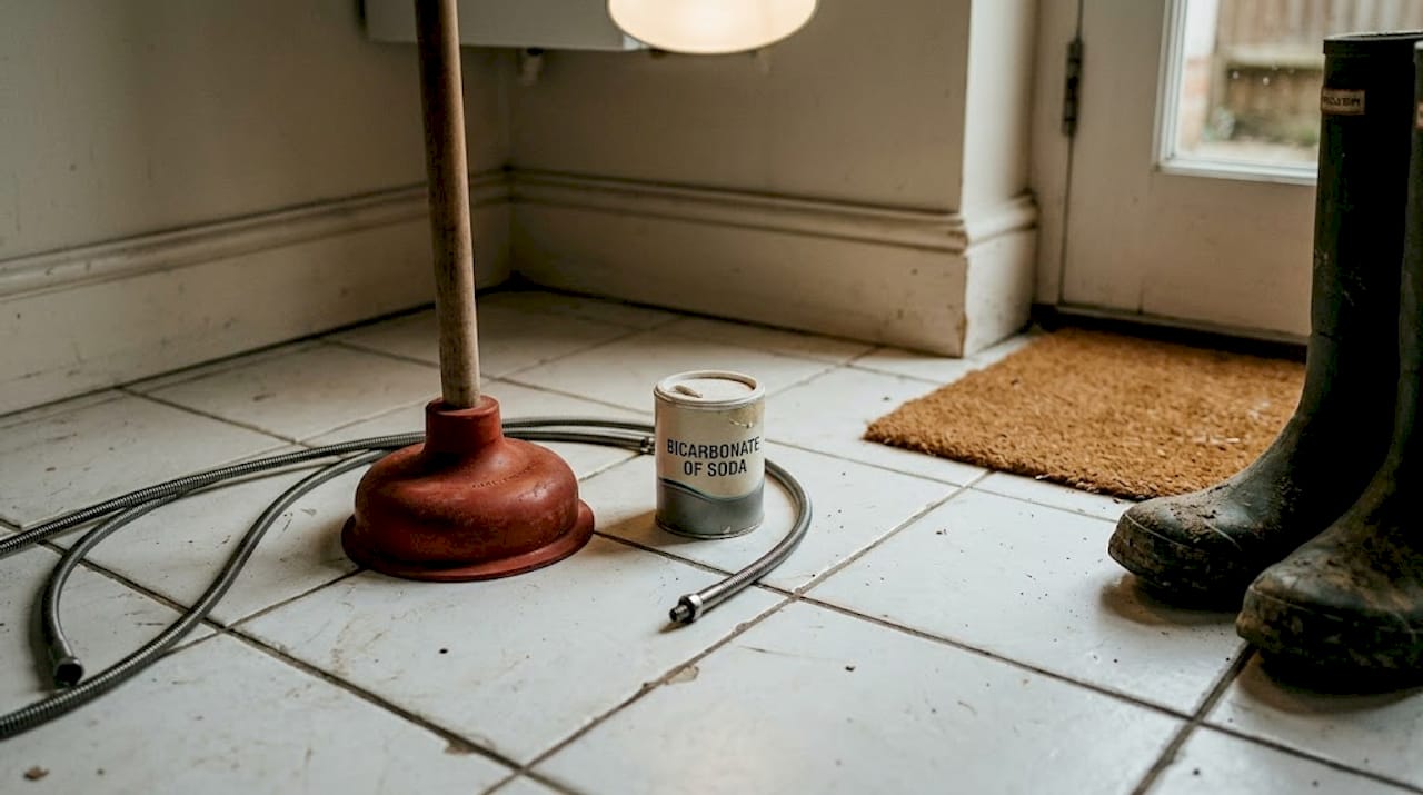 Drain cleaning tools on tile floor