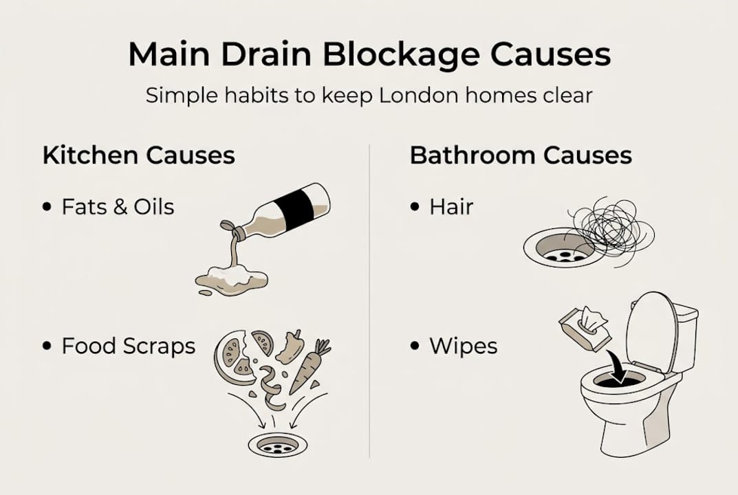 Infographic showing main drain blockage causes