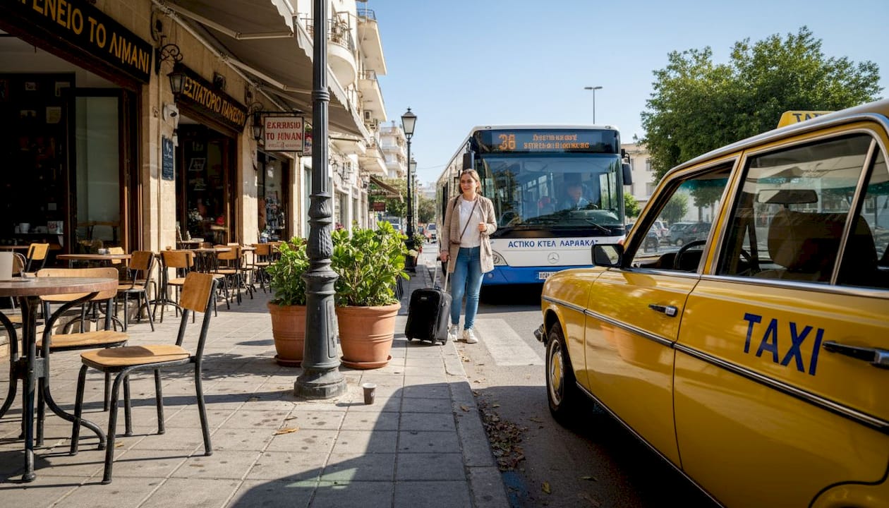 Σκηνή από δρόμο της Λάρνακας με ταξί και αστικό λεωφορείο να κινούνται ανάμεσα στην κίνηση της πόλης.