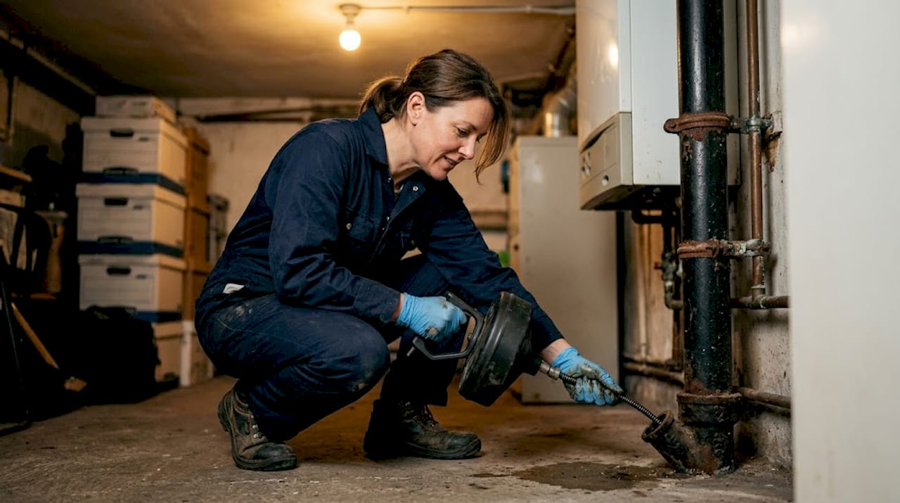 Plumber repairing blocked drain in basement
