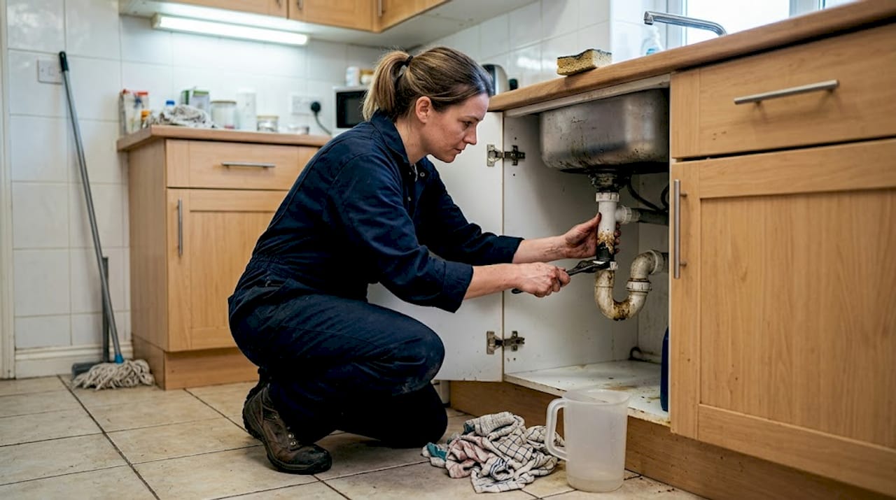 Plumber clearing greasy kitchen drain pipe