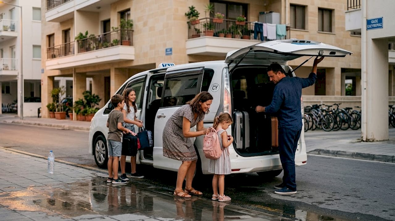 Μια οικογένεια ετοιμάζεται για το ταξίδι της φορτώνοντας τις βαλίτσες της σε ένα μίνι βαν ταξί στην Κύπρο.