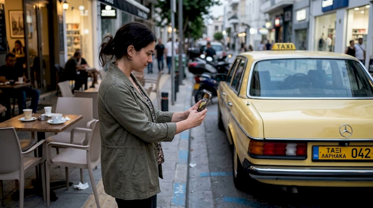 Μια γυναίκα τραβά διακριτικά φωτογραφία την πινακίδα ταξί για να μην την προσέξει κανείς.