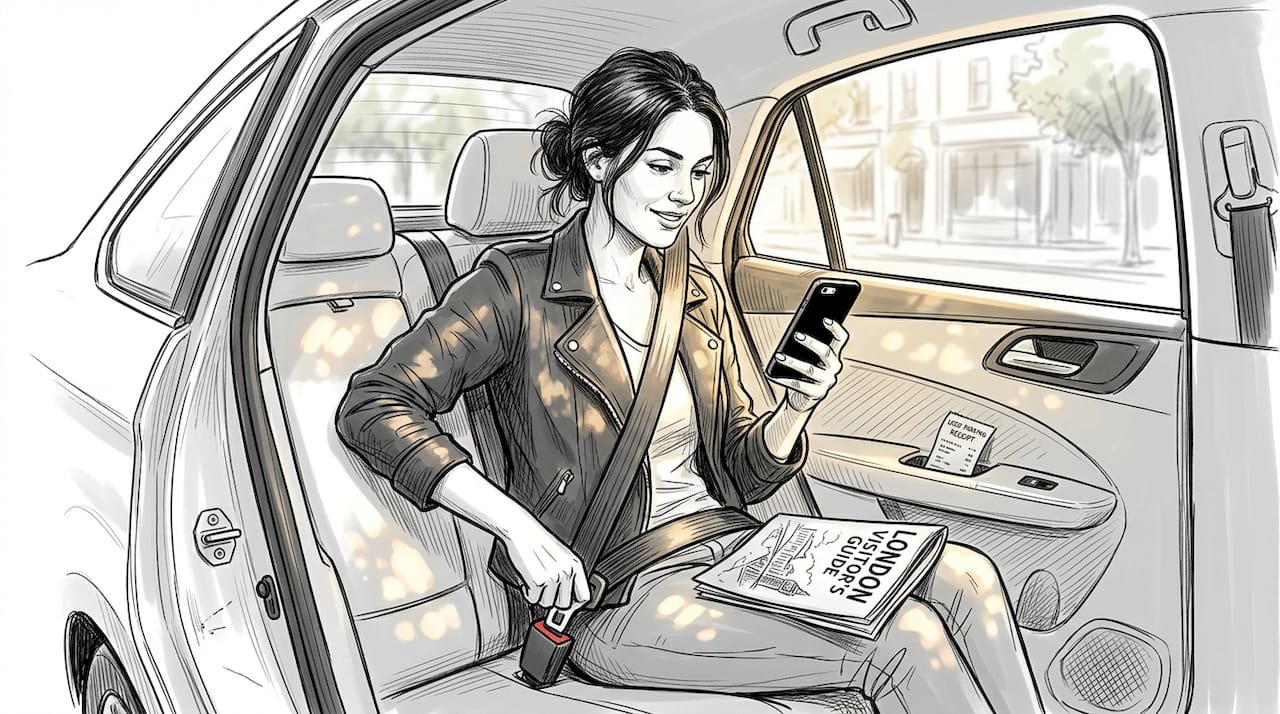 Passenger buckles seatbelt in premium taxi