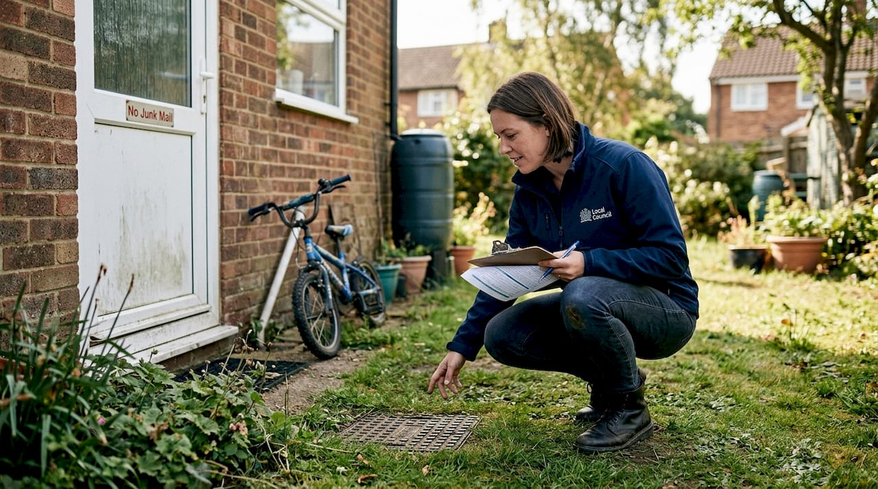 Council officer inspecting outdoor home drain