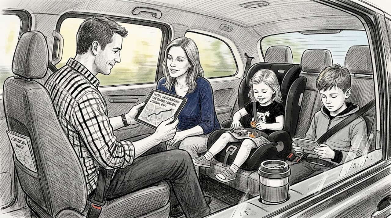 Family enjoying comfortable private taxi ride