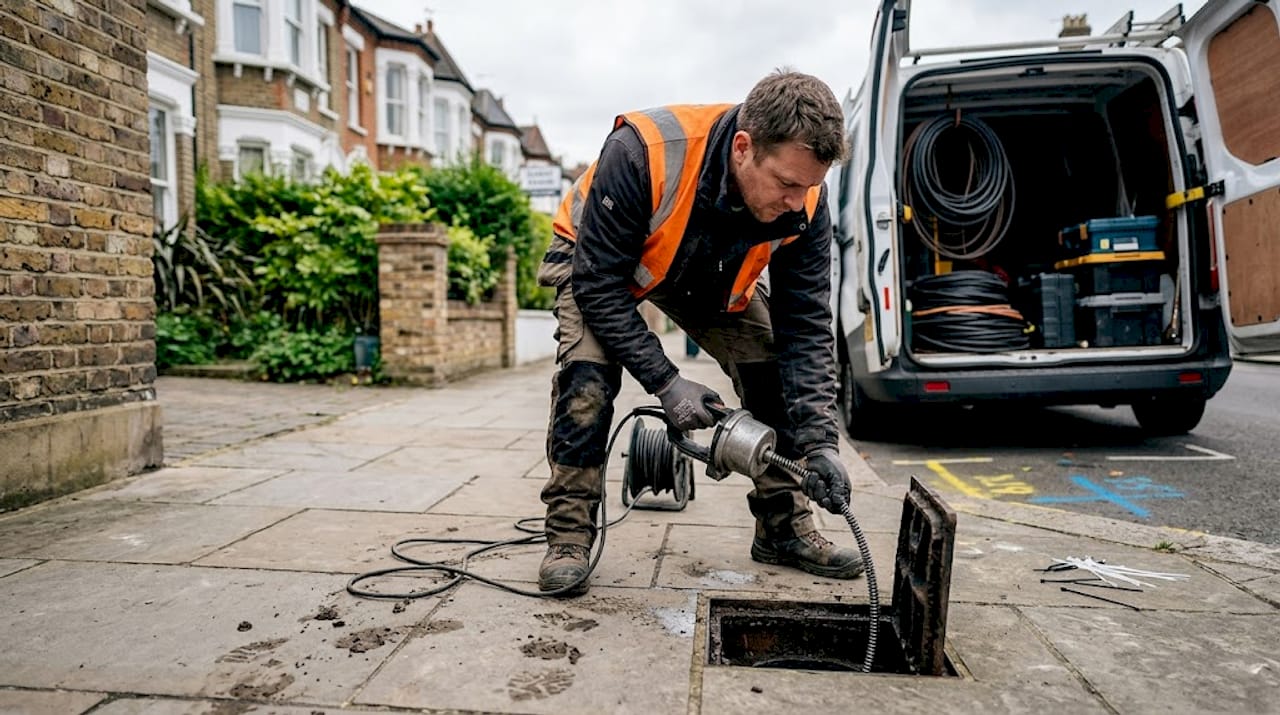 Engineer using electro-mechanical drain cleaning cable