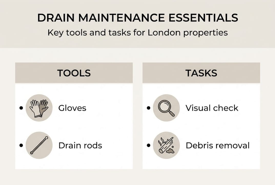 Infographic of basic London drain tools and tasks