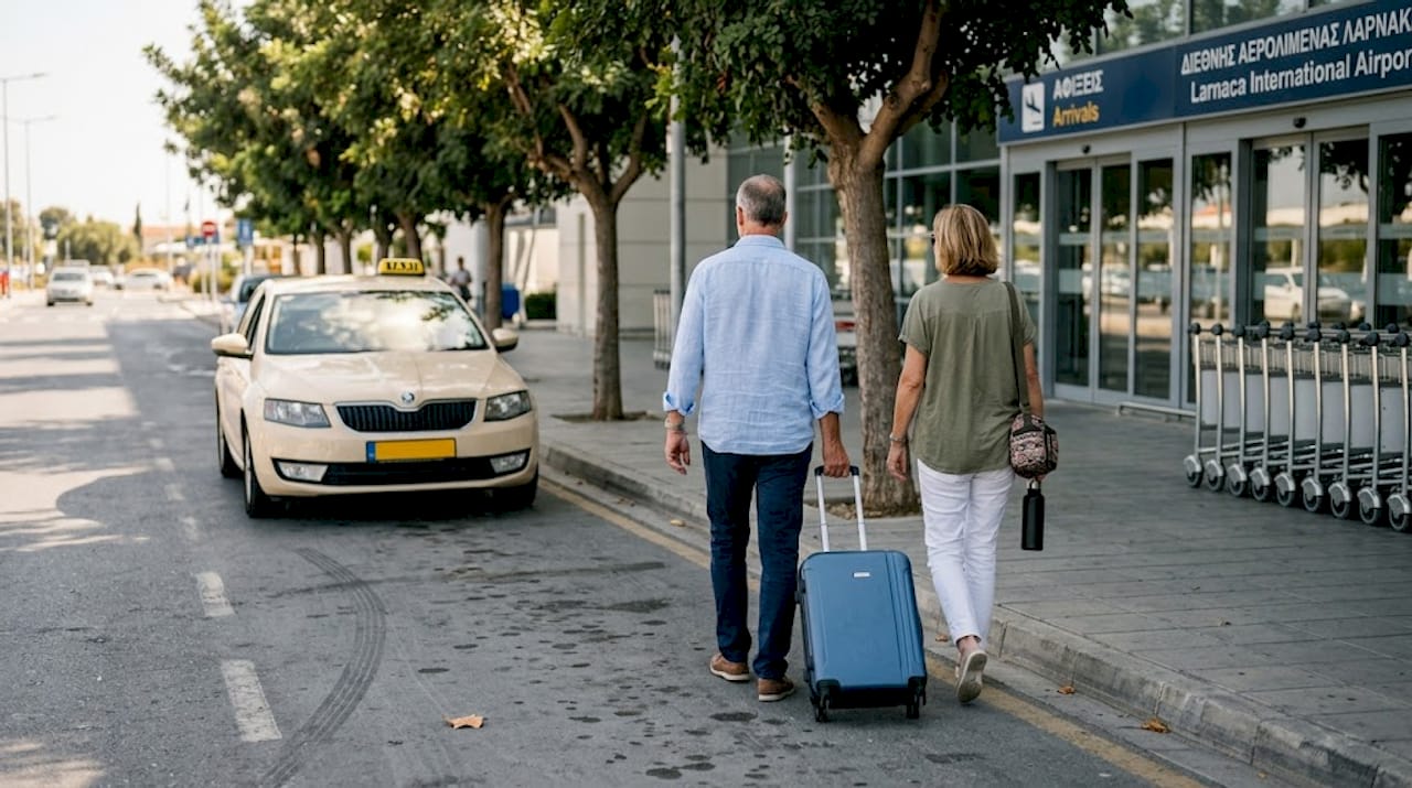 Ένα ζευγάρι κατευθύνεται προς τα ταξί έξω από το αεροδρόμιο της Λάρνακας.