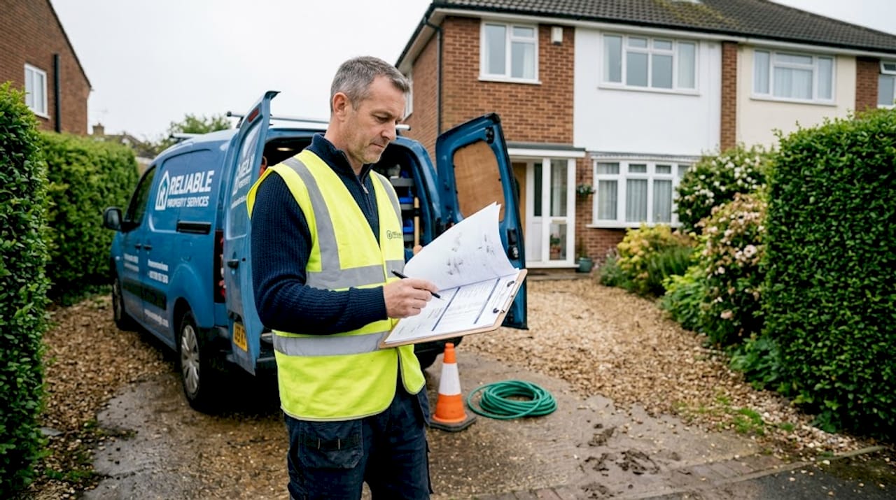 Property manager checks inspection report by van